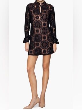 MELLODAY Black Crochet Lace Mini Dress with Nude Underlay